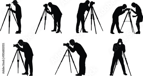 Photographer silhouettes with camera and tripod set, professional photography studio and outdoor shooting vector illustration isolated on white background