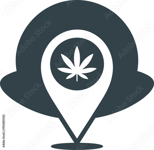Cannabis dispensary location pin icon with marijuana leaf symbol inside a map pointer and tree silhouette for legal weed store finder or delivery tracking.