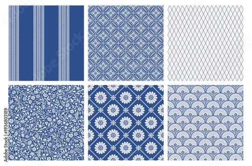 Flowers of the meadow. Companion pattern collection. Set of vintage seamless patterns. Stripes, rosettes, curls, trellis, scallop. Blue and white