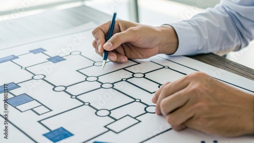 Architect reviewing and marking a detailed building blueprint with a pen on a desk.