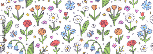 Seamless spring floral pattern with hand drawn colorful flowers, roses, tulips, and daisies. Cute garden doodle background with butterflies, bees, ladybugs. Repeating vector for kids fabric.