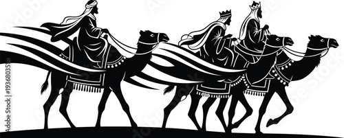 Three Kings Silhouette, Biblical Magi Riding Camels, Epiphany Journey, Christmas Nativity Scene Illustration, Star of Bethlehem Pilgrimage, Religious Vector Icon, Wise Men