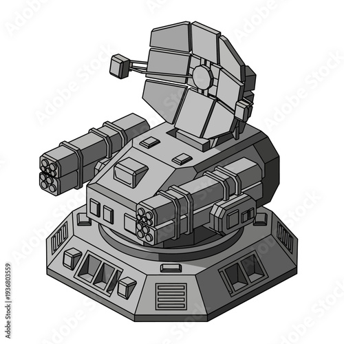 Futuristic Turret with Cannon and Radar.