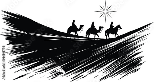 Three wise men Magi silhouette riding camels and horse across desert towards Bethlehem star, abstract religious Christmas background for epiphany.