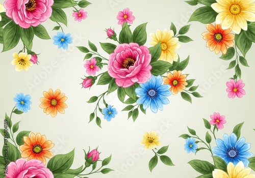 Seamless vintage wallpaper design with colorful flowers and green leaves on a soft light backdrop, perfect for decorative wrapping paper or fabric, abstract, foliage, elegant