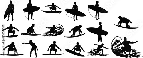 surfer silhouette set surfing action poses ocean wave sport athlete vector illustration surfing lifestyle extreme water sport