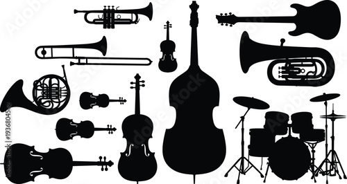 Collection of black musical instrument silhouettes including violin guitar trumpet drums and cello vector illustration for orchestra band performance jazz music and classical concert designs.