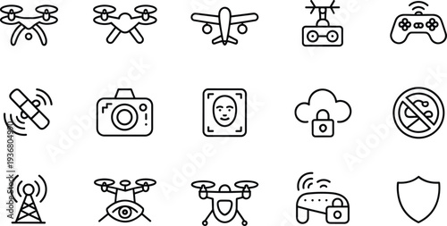 Drone technology and surveillance line icon set vector, UAV camera security wireless control symbols for modern smart monitoring
