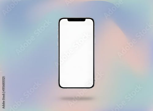 グラデーション背景に浮かぶスマートフォンの空白画面モックアップ、アプリUIや広告デザインに使えるモバイルテンプレート素材