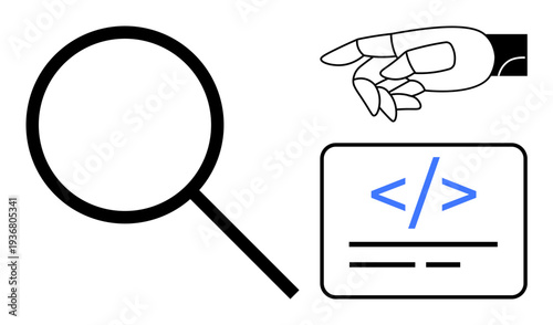 Artificial intelligence, web development, coding, innovation, technology, data analysis. Robotic hand pointing at code interface with search icon. AI development and web development concept