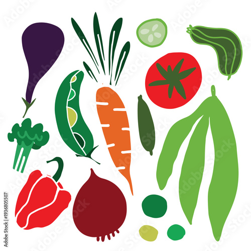 Vertical collection of fresh vegetables in bright colors. Flat vector food illustration featuring carrot, eggplant, peppers, broccoli and other vegetables. Ideal for menu design, food packaging, and h