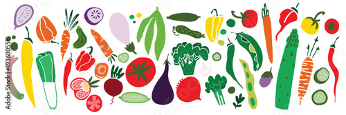 Vertical collection of fresh vegetables in bright colors. Flat vector food illustration featuring carrot, eggplant, peppers, broccoli and other vegetables. Ideal for menu design, food packaging, and h