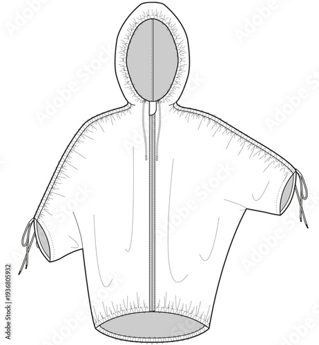 rain shell parka jacket flat sketch vector illustration men and women unisex hooded rain coat technical cad drawing template