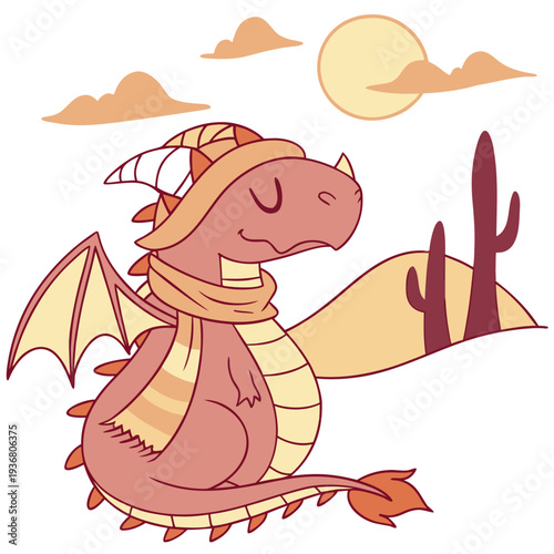 An adorable Dragon with a Sleepy vibe, with a scarf, and a Sundown Glow Desert sunset theme – SVG style