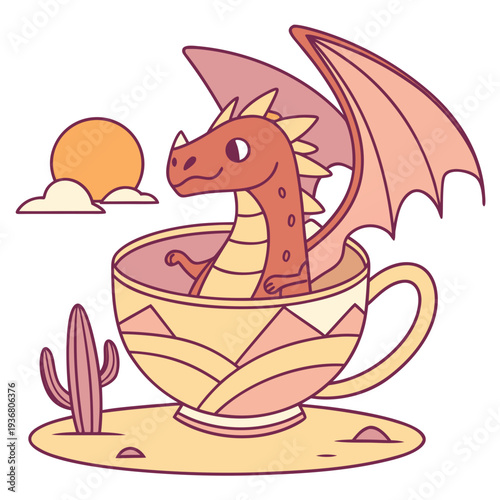 Creative SVG: Amused Dragon with in a teacup in a Sundown Glow colored Desert sunset theme