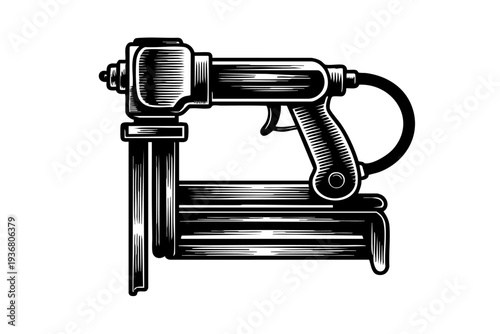 Nail gun illustration in vintage engraving black and white line art
