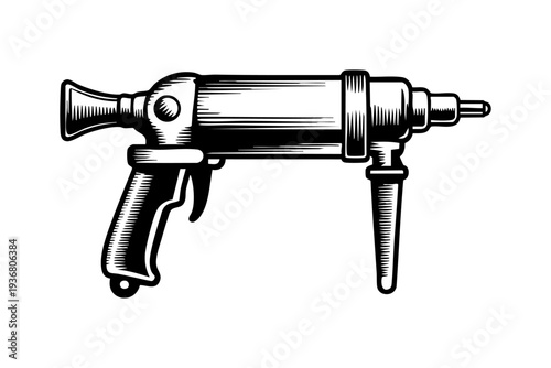 Rivet gun illustration in vintage engraving black and white line art