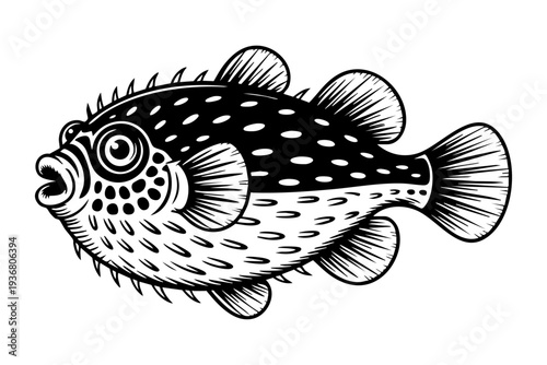 Pufferfish illustration in vintage engraving black and white line art