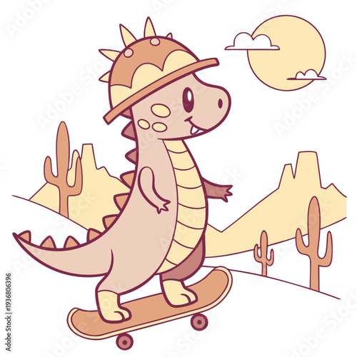 Vector illustration of a Content Dragon with riding a skateboard, styled in a Desert sunset theme using Sundown Glow colors