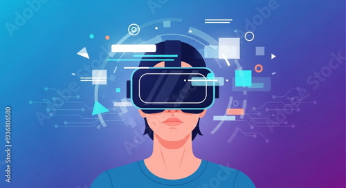 Person Wearing Virtual Reality Headset with Digital Interface.
