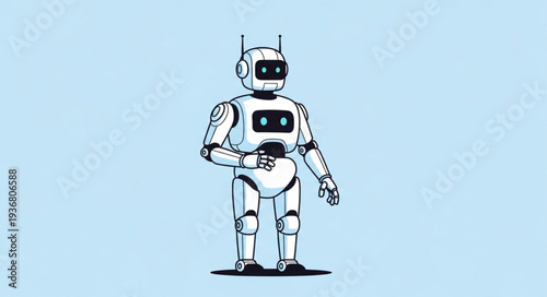 Friendly White Robot Standing with Arms at Sides.