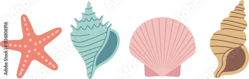 Colorful seashell and starfish vector set marine ocean elements collection beach shell icons including scallop spiral shell and sea star flat illustration