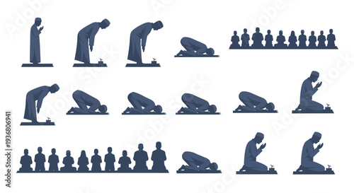 Muslim Prayer Positions Illustration Set.