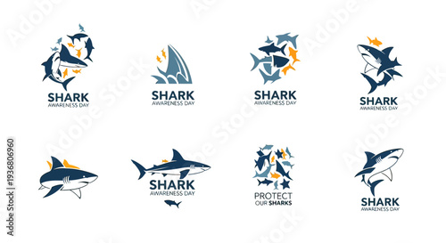 Shark Logos with Various Designs and Typography.