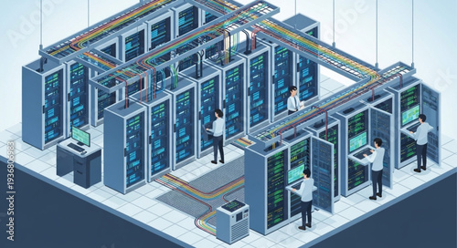 Data Center Server Rack with Network Equipment.