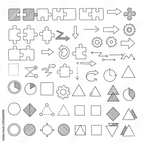 business process outline icons set with puzzle pieces arrows gears work flow diagrams and strategy symbols illustration on transparent background