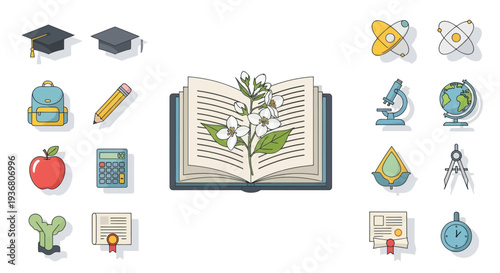 Open Book with Green Plant Illustration.