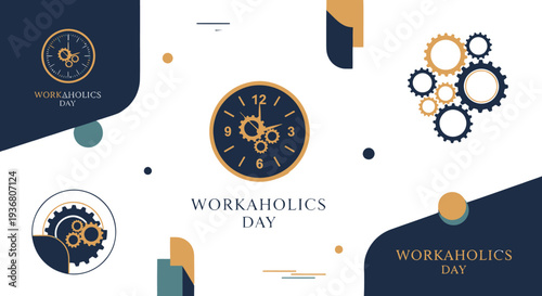 Workaholics Day clock gears graphic design elements.