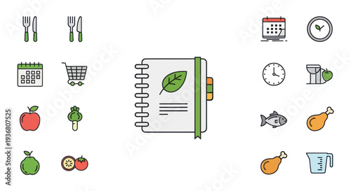 Recipe Book with Kitchen Utensils Icons.