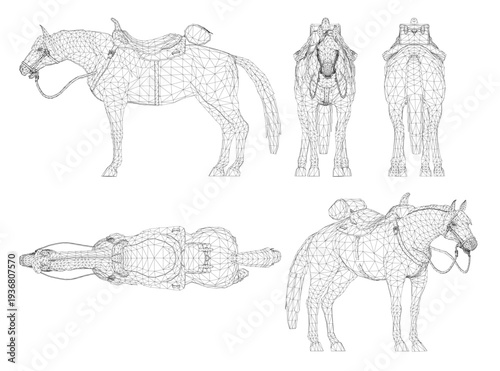 A wireframe horse with a saddle is constructed from geometric shapes and lines, creating an intricate digital animal illustration on a clean white background.