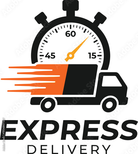 Express delivery service logo with fast shipping truck and stopwatch icon plus black women's clothing silhouettes including dresses, necklines, and fashion apparel templates.