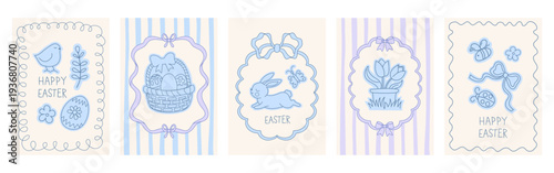 Easter greeting card or poster set in coquette style. Hand drawn whimsical line frames with bows and ribbons, bunny, flowers, leaves, basket and eggs. Vector illustration.