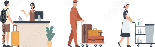 Professional hotel staff vector set with receptionist greeting guest bellhop carrying luggage and maid cleaning room