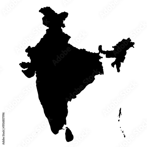 A Detailed Black Silhouette Map of the Geographic Outline of India