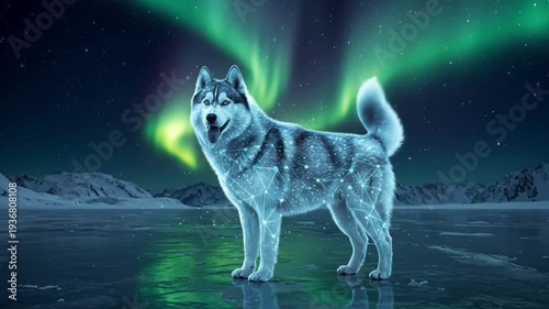Magic Husky Video: 4K Glowing Star Patterns on Fur, Standing on Ice Under Green Aurora & Mountains