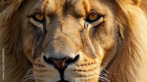 Lion Close-Up: 4K Intense Golden Eyes & Detailed Mane for Wildlife Films & Conservation Campaigns