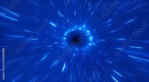 Abstract blue hyperspace tunnel with glowing light trails converging towards a black hole