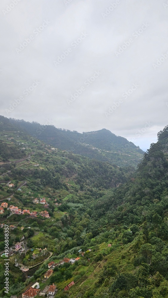 Naklejka premium Deep green valley landscape in Madeira island with terraced hills, scattered village houses, and dense forested mountains under a cloudy sky.