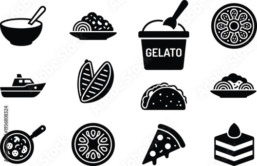 Food and travel icon set featuring pizza gelato pasta taco cake and boat vector symbols isolated on white background for restaurant menu and vacation design