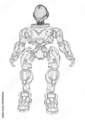 A sci-fi robot unit in a detailed wireframe drawing, featuring iconic armor and a helmet. The black and white illustration is set against a clean white background.