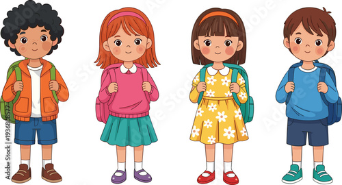 Cute School Kids with Backpacks Standing Together Cartoon Children Students Vector Illustration