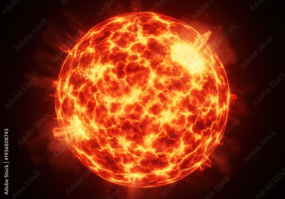 Fototapeta premium A massive, bright orange and red sphere of burning plasma erupts violently against a dark background, showing extreme heat and energy, immense, energy, element