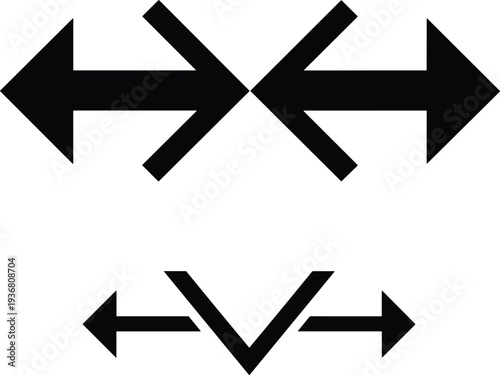 Black Directional Arrows Pointing Outward and Inward, Opposing Forces Navigation Symbols, Creative Conflict and Collaboration Icons, Double Headed Vector Illustration