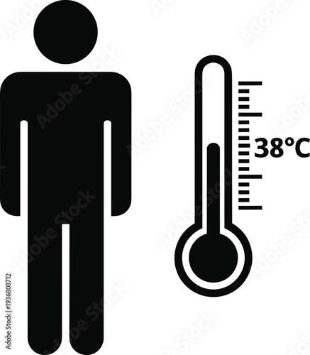 Black human silhouette icon with a thermometer showing high fever at 38 degrees Celsius, medical health concept for illness and flu.