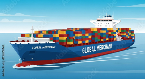 Large Container Cargo Ship Sailing on Open Water.