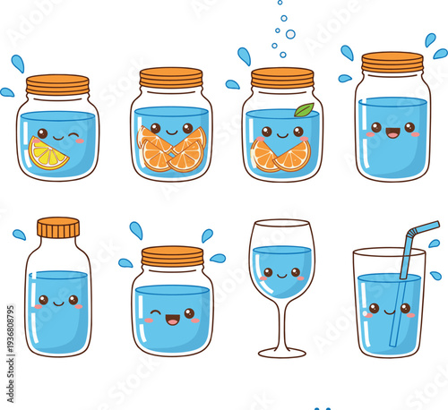 Adorable mascot collection of glass jars bottles and cups with smiley faces and water splashes for wellness branding